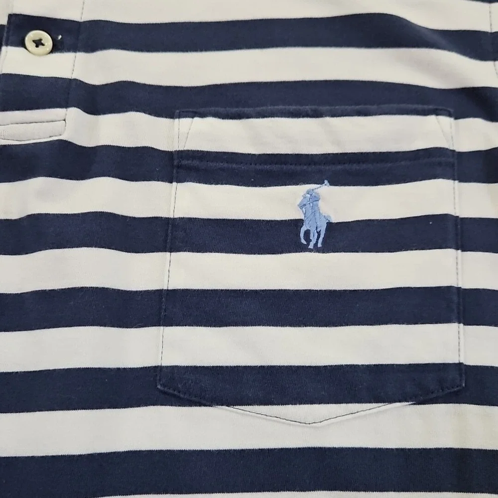 Polo Ralph Lauren Navy Blue Stripe Polo Shirt Men's M Medium Short Sleeve EUC LN